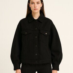 Max Mara Sportmax Black 100% Virgin Wool Jacket Women’s Frayed Hem Italy Size 2